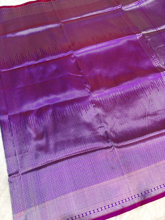 Dual-Tone Magenta & Royal Purple Katan Silk Banarasi Saree with Silver Zari Striped Jaal & Temple Border
